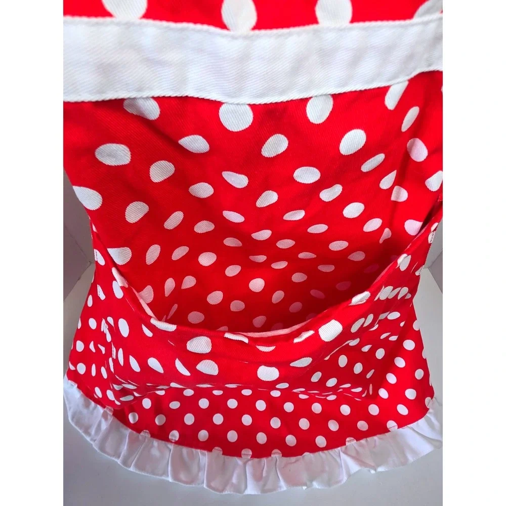 Disney Minnie Mouse Red Polka Dot Apron with Bow Pocket Ruffle Trim Adult Size